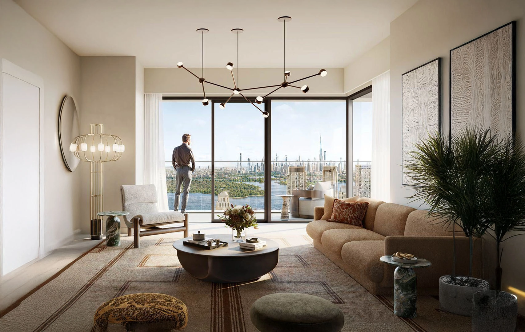 Nature-inspired living area with soft wood finishes and natural light